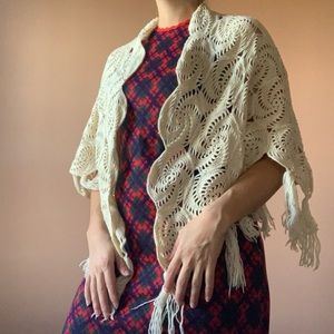 Hand Crocheted Vintage Shawl with Tassles
